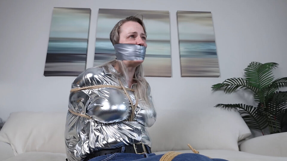 Summer tighly wraparound tape gagged, tightly tied up with plastic cuffs and ropes, during a robbery!